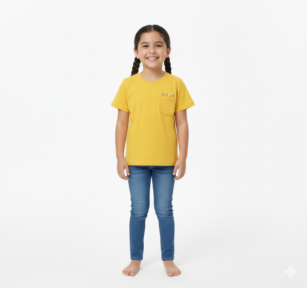 Girls Yellow Cotton T-Shirt with Pocket